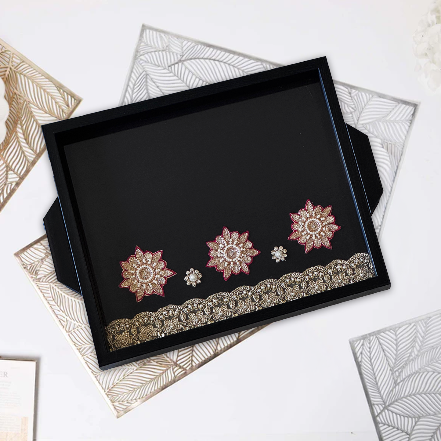 Black Brocade with zardozi work motif and border set of 2 pcs
