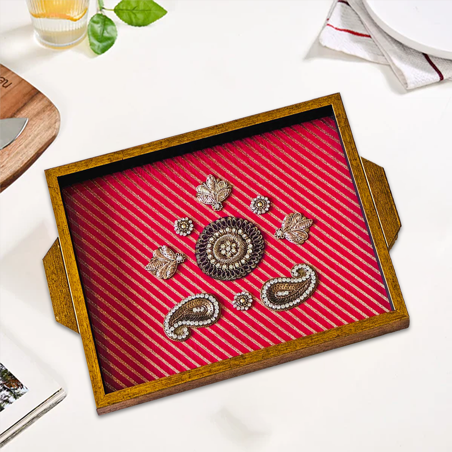 Pink Wooden Tray Set with zardozi work motifs (set of 2)