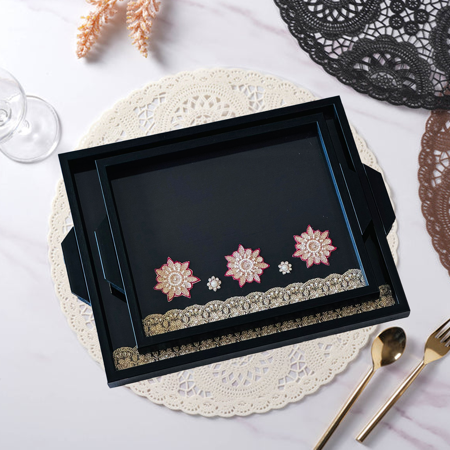 Black Brocade with zardozi work motif and border set of 2 pcs