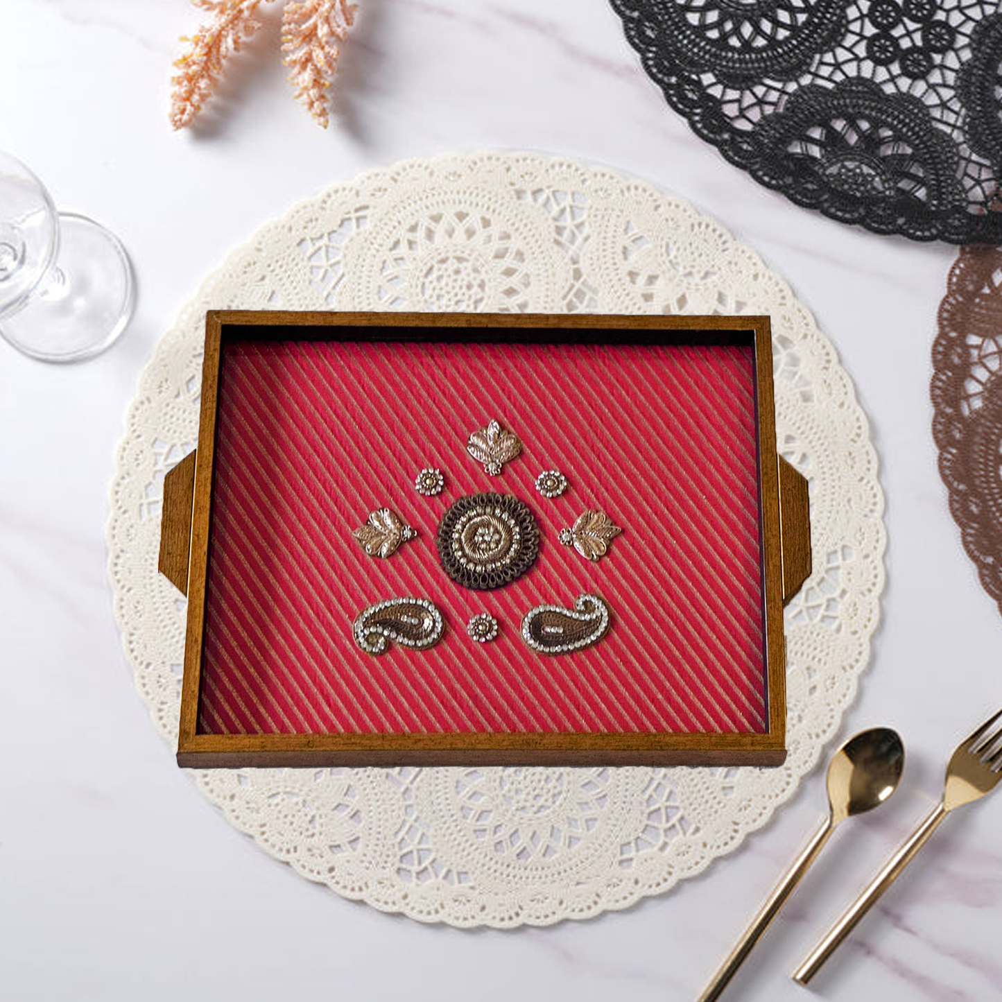 Pink Wooden Tray Set with zardozi work motifs (set of 2)