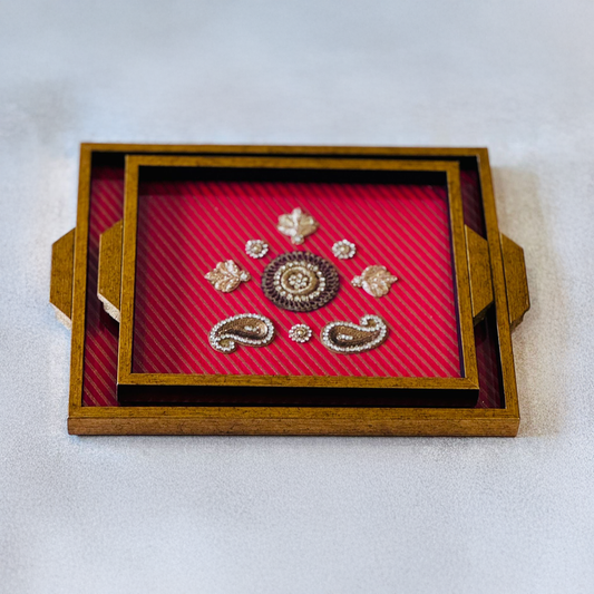 Red Wooden Tray Set with zardozi work motifs (set of 2)