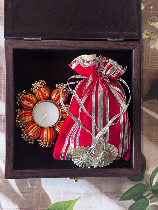 Blessings in a Box with crystal work under the glass, Potli with dry fruits and Diya