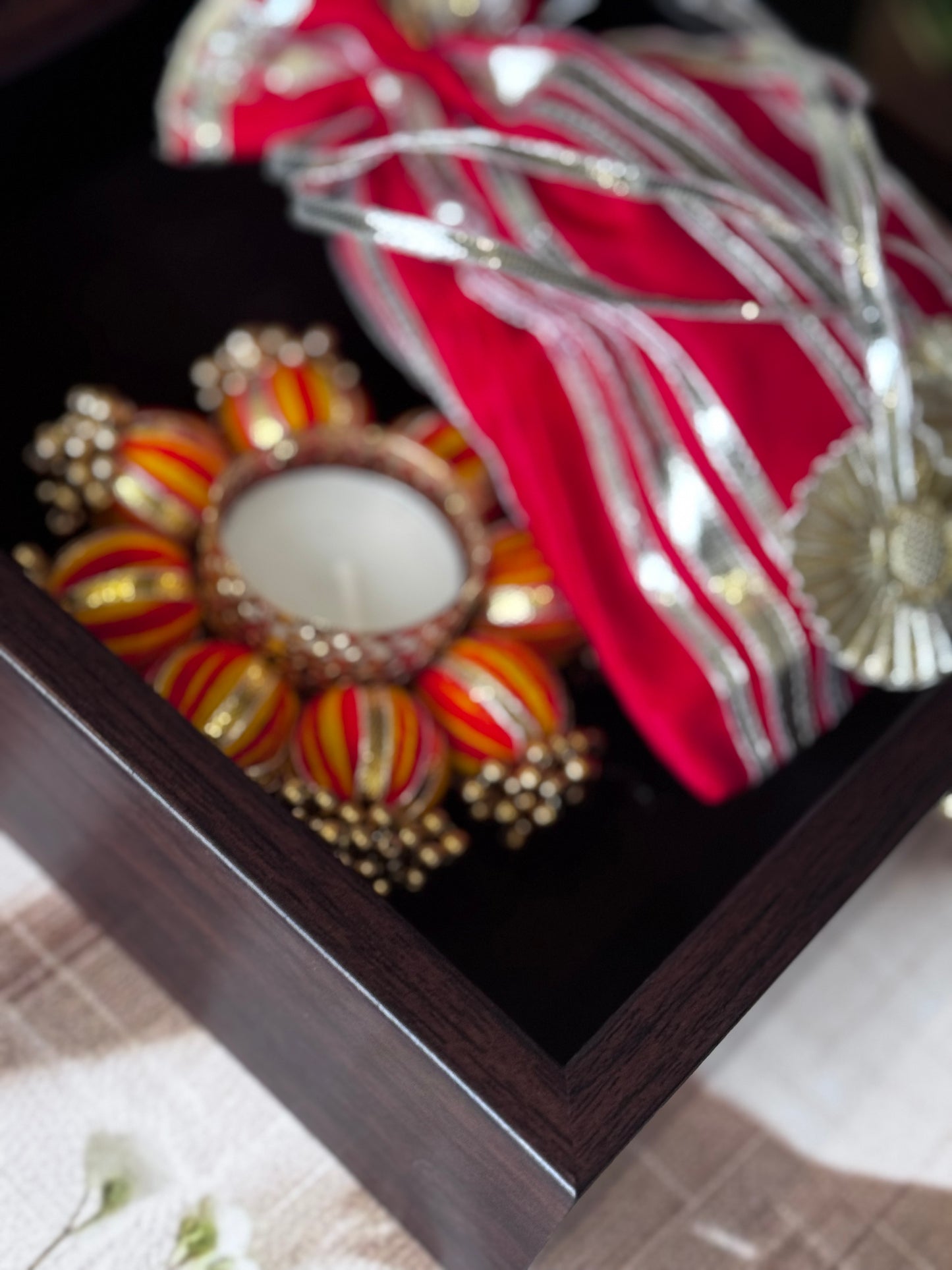 Blessings in a Box with crystal work under the glass, Potli with dry fruits and Diya