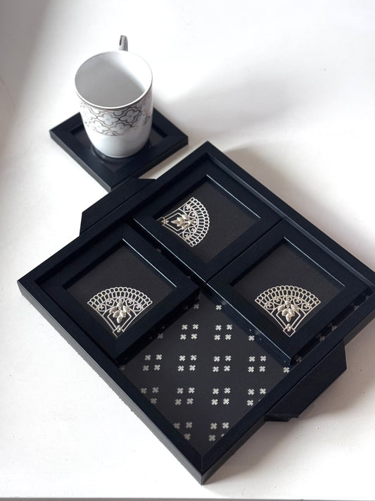 Black Brocade Tray with 4 Metal Motif Coasters