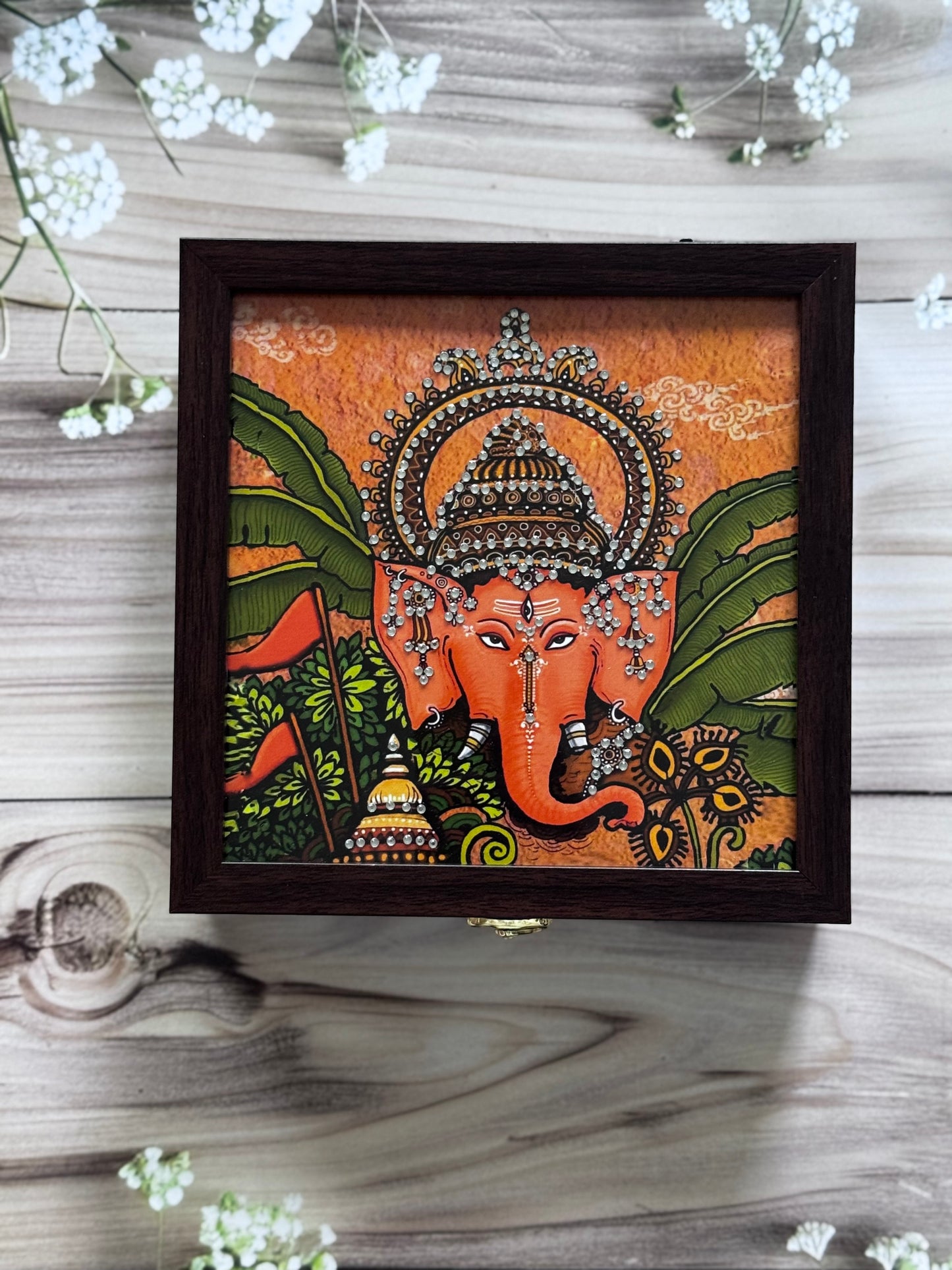 Blessings in a Box with crystal work under the glass, Potli with dry fruits and Diya