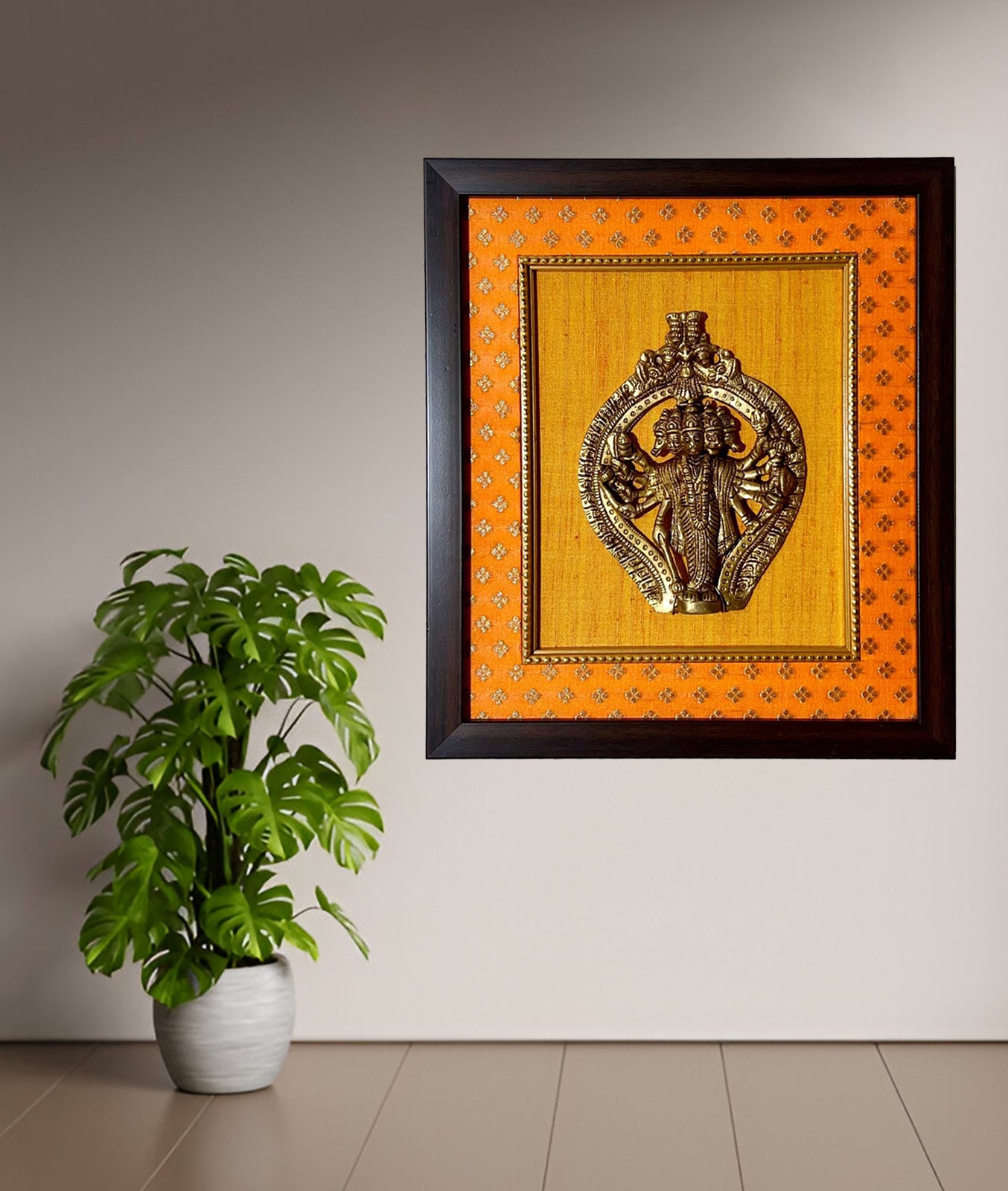 Panch Mukhi Hanuman Brass with Wooden Frame (11×12.5 inch)