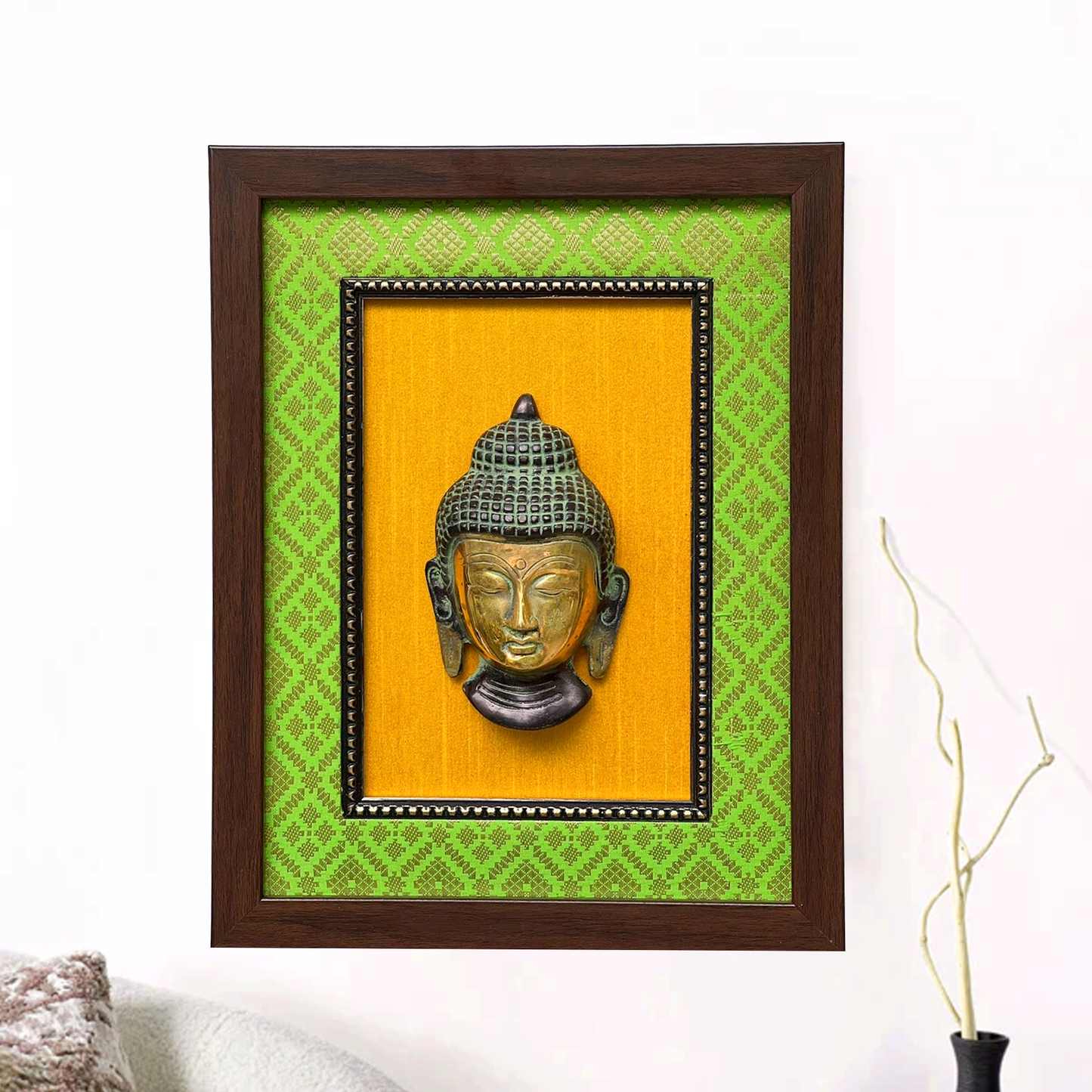 Elegant Brass Buddha Wall Frame – Green & Yellow Décor