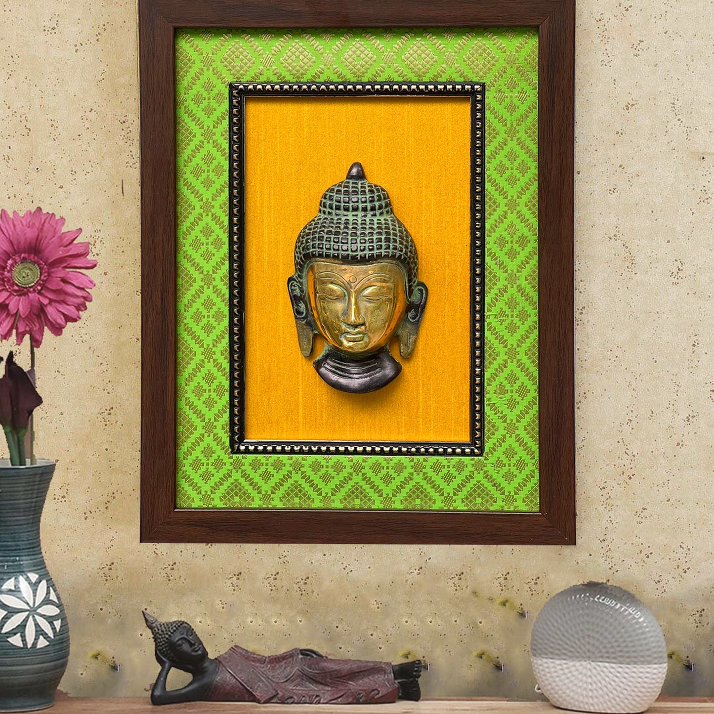 Elegant Brass Buddha Wall Frame – Green & Yellow Décor