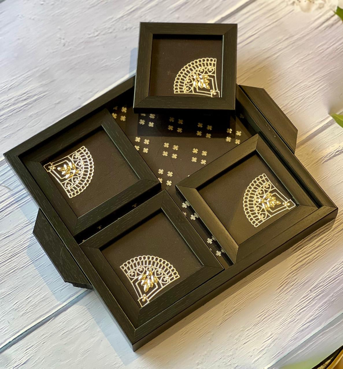Black Brocade Tray with 4 Metal Motif Coasters