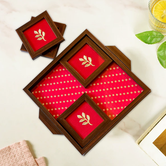 Premium Tray & Coaster Set –  Pink Brocade & Golden Metal Leaf Design