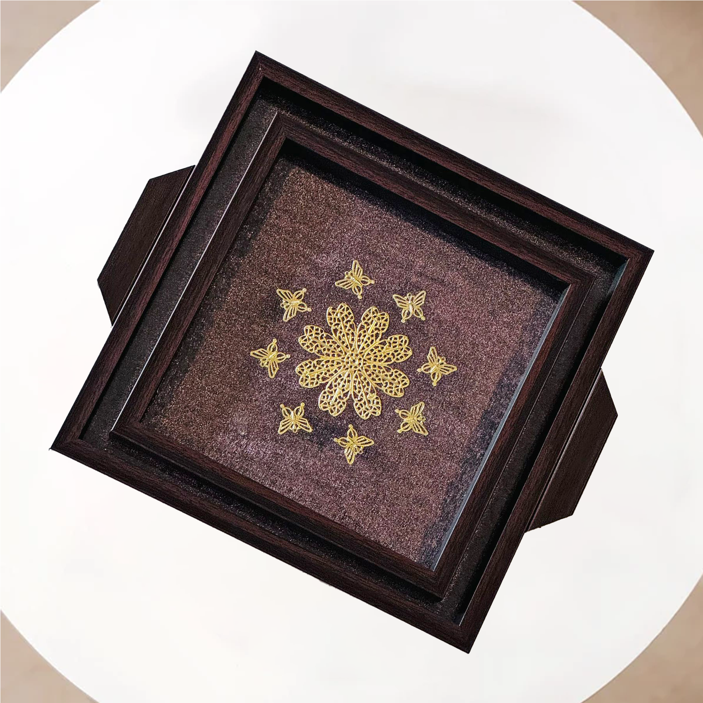 Shimmer base with beautiful metal flower surrounded by small butterflies (Set of 2)