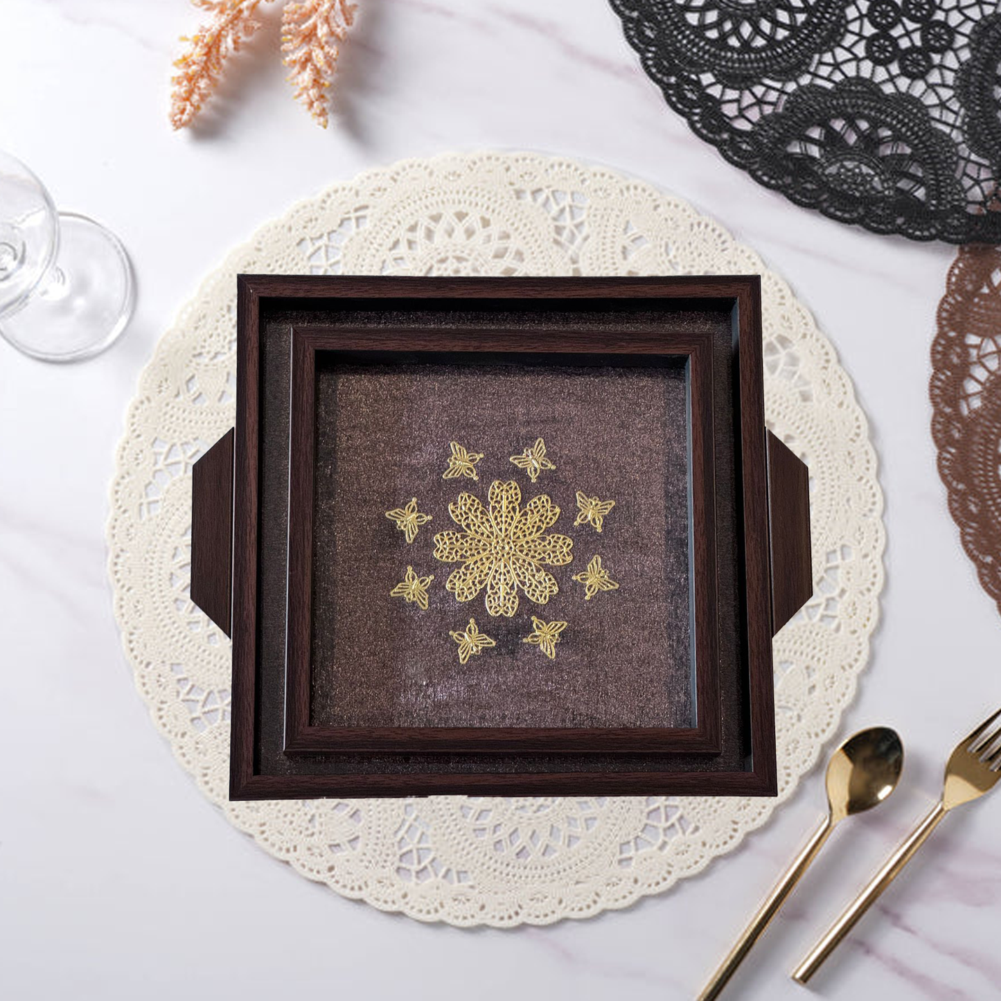 Shimmer base with beautiful metal flower surrounded by small butterflies (Set of 2)