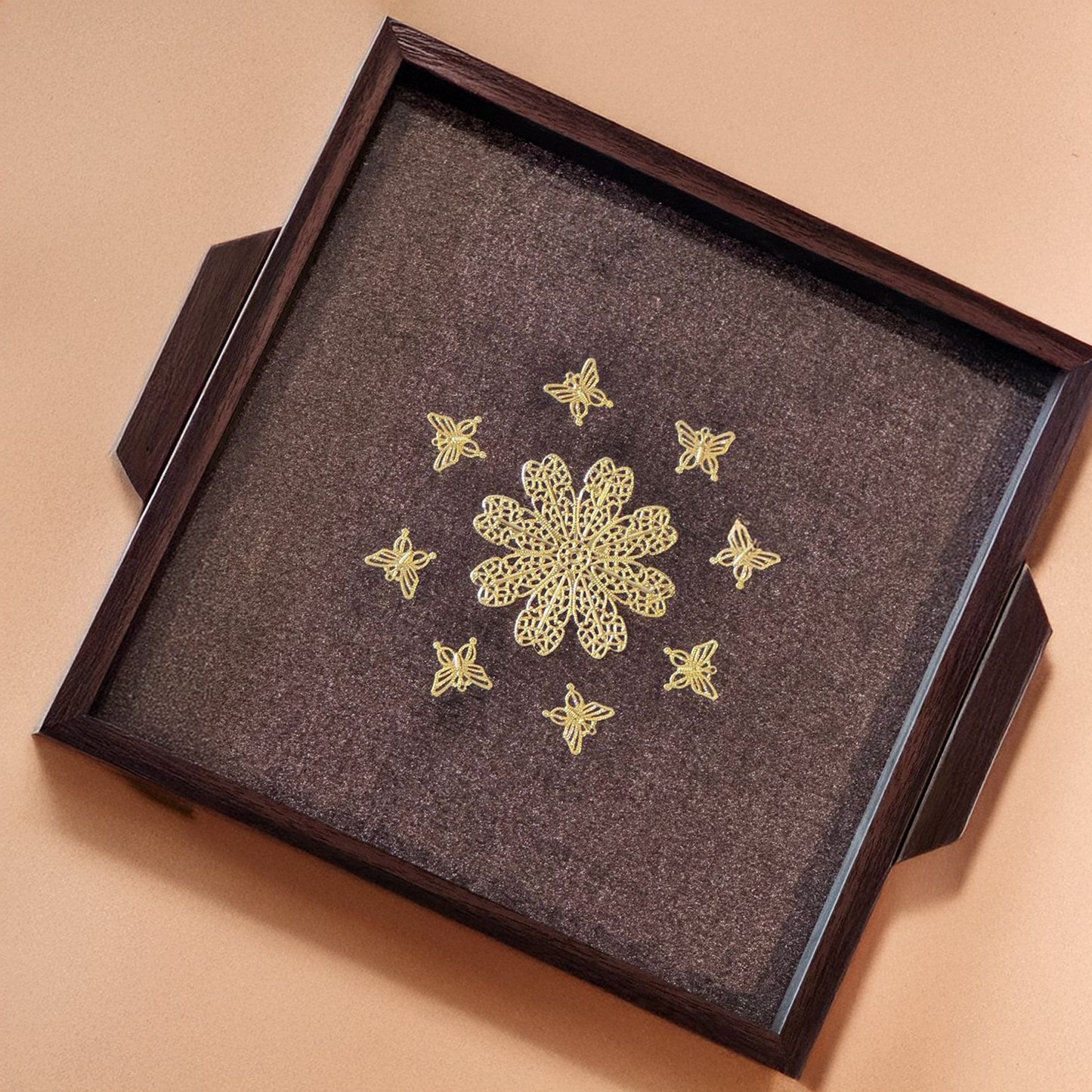 Shimmer base with beautiful metal flower surrounded by small butterflies (Set of 2)