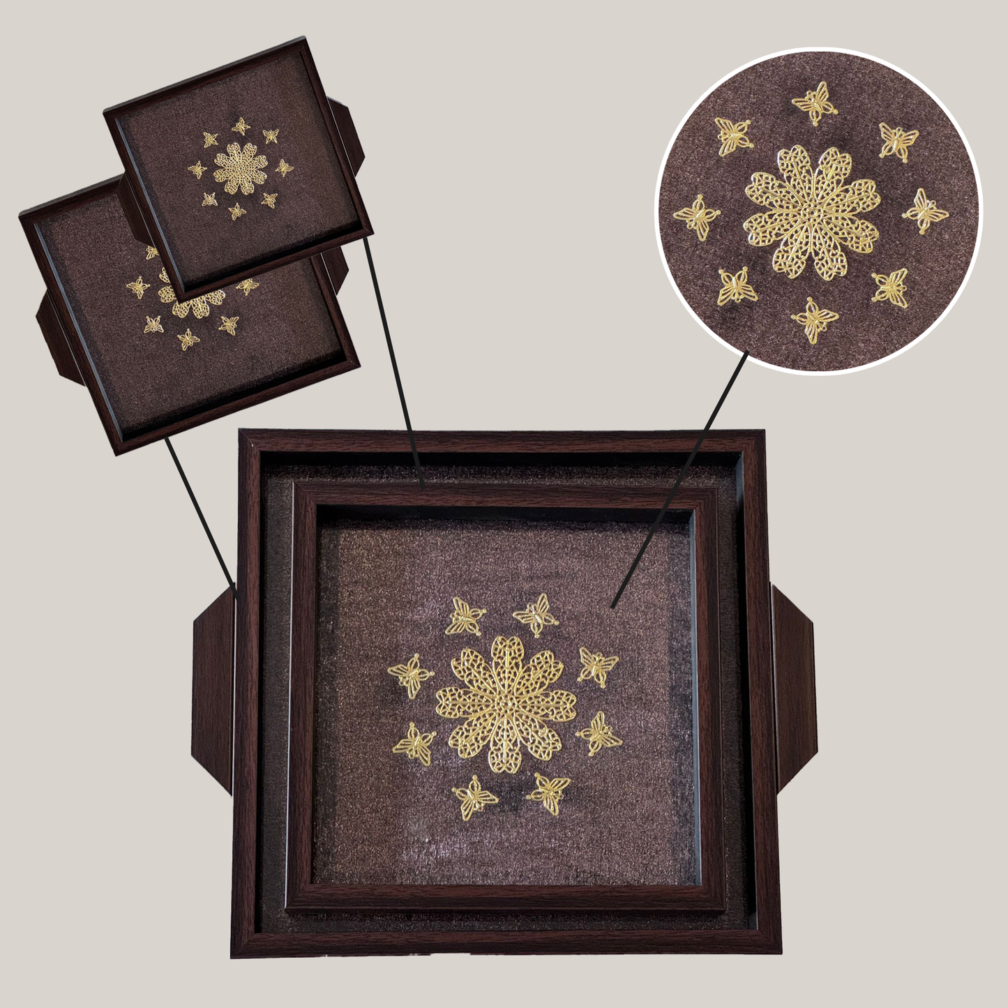 Shimmer base with beautiful metal flower surrounded by small butterflies (Set of 2)
