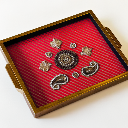 Pink Wooden Tray Set with zardozi work motifs (set of 2)