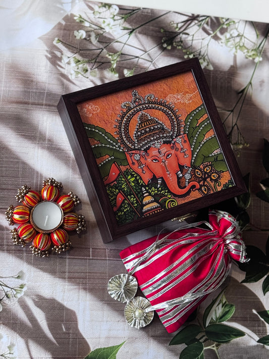 Blessings in a Box with crystal work under the glass, Potli with dry fruits and Diya