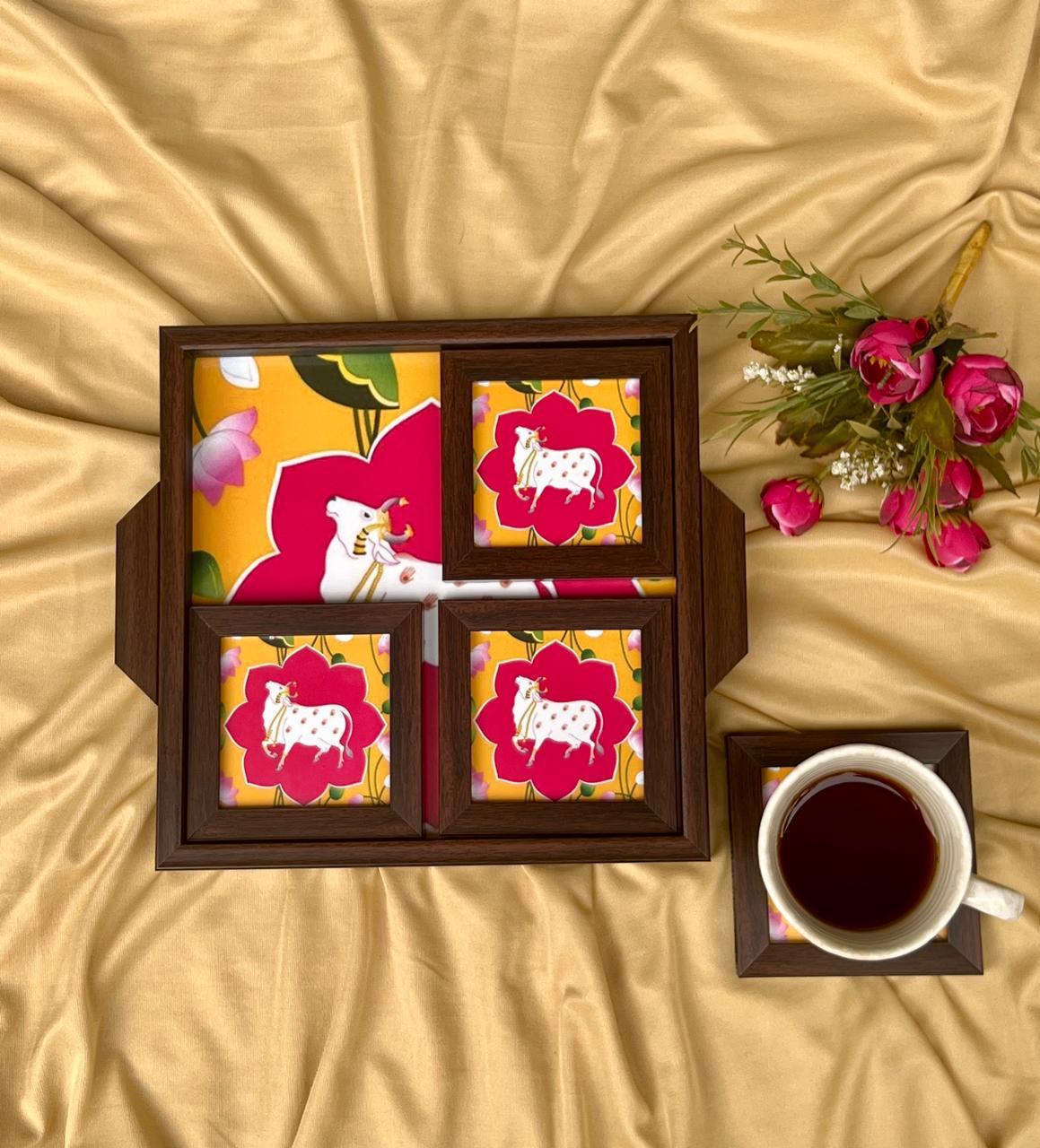 Yellow Pichwai Tray set with Coasters