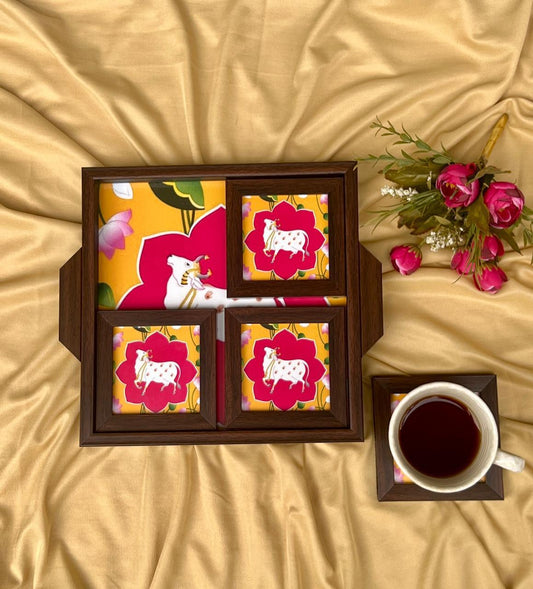 Yellow Pichwai Tray set with Coasters