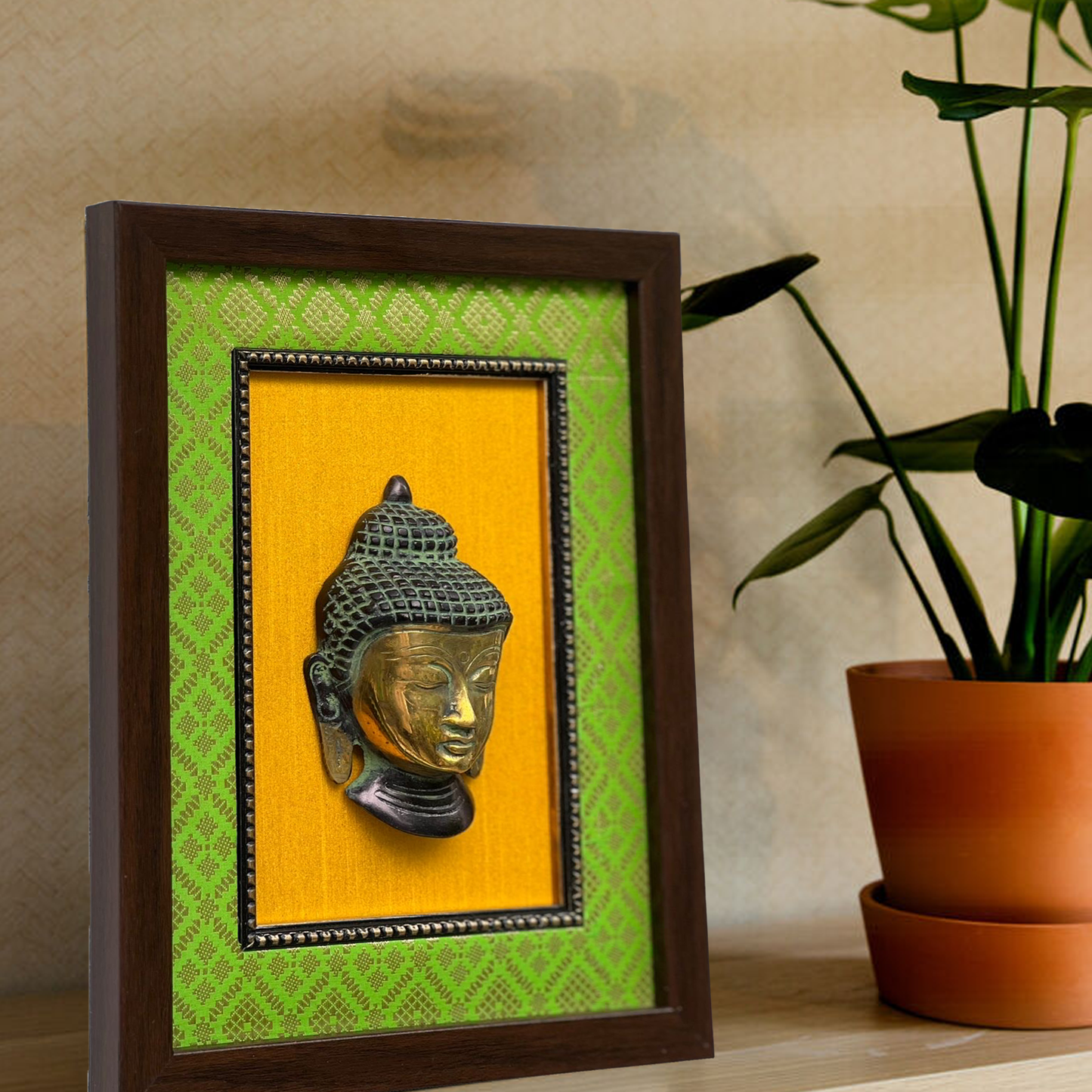 Elegant Brass Buddha Wall Frame – Green & Yellow Décor